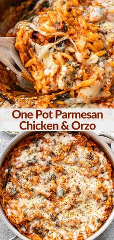 one pot parmesan chicken and orzo casserole is shown in the pan