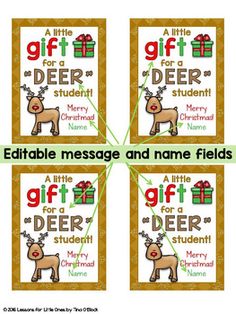 four christmas cards with reindeers and presents on them, each one has the words gift for