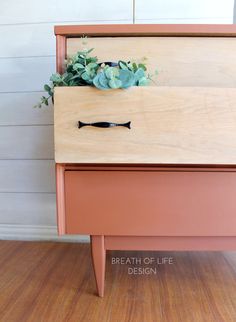 a pink dresser with succulents and plants in it's drawer area