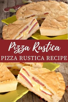 two different types of pizza on plates with the words pizza rustica written in red