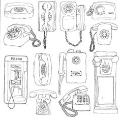 some old fashioned telephones and phones are drawn in black and white ink on paper