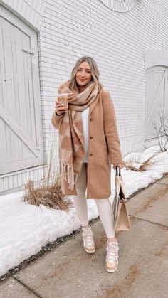 Shop here: https://liketk.it/43bkl Neutral Winter Outfit, Cream Leggings, Athleisure Style, Easy Winter Outfit, Camel Coat, Faux Leather Leggings, Winter Outfits Women, Casual Dinner Outfit, Winter Outfit