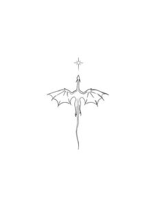 a black and white drawing of a bat flying in the sky with a cross above it