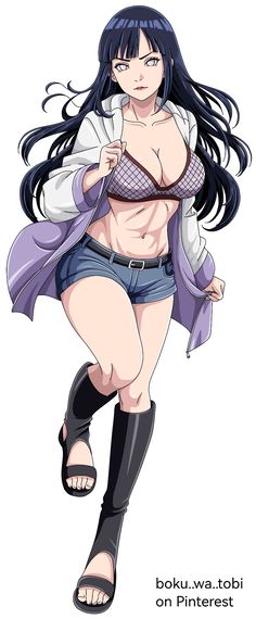 an anime character with long black hair and no shirt on, wearing short blue shorts