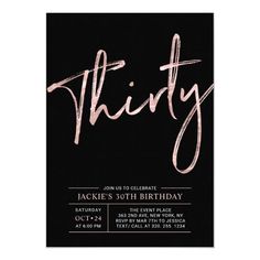 a black and pink birthday party card with the word thirty written in cursive font