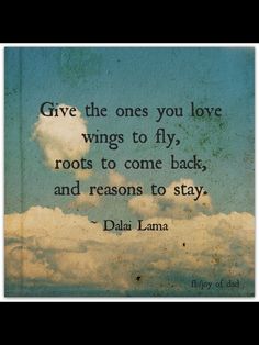 a quote that reads give the ones you love wings to fly roots to come back and reason to stay