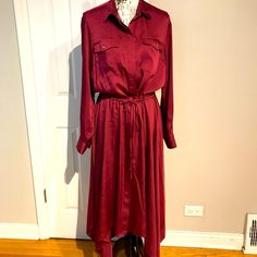 Ralph Lauren Shirt Dress Asymmetric Hem Buttoned Lace Up/Belt Waist Detail Fit Flare Casual Work High Low Long Sleeve Satin Looks Versatile Can Be Duster / Oversized Cover Light Jacket Versatile Formal Evening Wedding Guest Mother’s Bride Cocktail Party Vacation Elegant Sz 14 Wine Dark Red Burgundy Solid Mannequin Is Sz S For Your Reference O3uhv21072903 All Sales Are Final Evening Wedding Guest, Western Coastal, Lace Belt, Evening Wedding, Red Burgundy, Ralph Lauren Dress, Casual Work, Ralph Lauren Shirt, Light Jacket