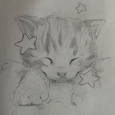 a drawing of a cat sleeping with its eyes closed and stars on it's head