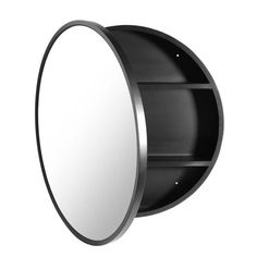 an oval mirror mounted to the side of a black wall mount shelf with shelves below it