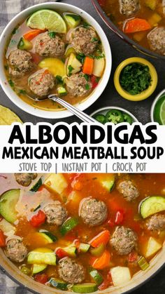 two bowls of mexican meatball soup with the title above it reads, albondigas mexican meatball soup