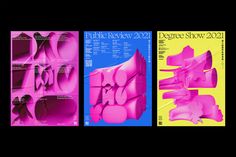 three posters with different shapes and sizes on them, one in pink and the other in blue