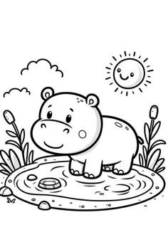 a hippo in the water with sun and clouds behind it coloring pages for kids