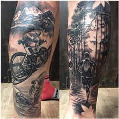 a man's leg with a mountain bike and trees tattoo on the calfs