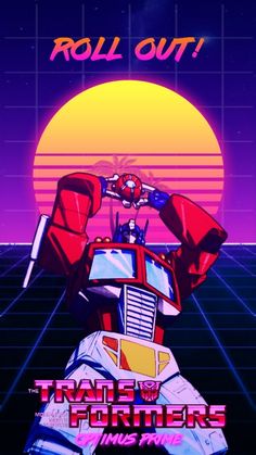 a poster with the words roll out and an image of a robot in front of a sunset