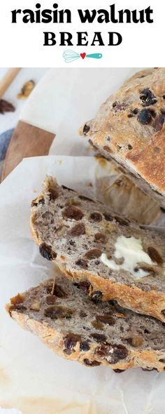 a loaf of raisin walnut bread is cut in half and stacked on top of each other