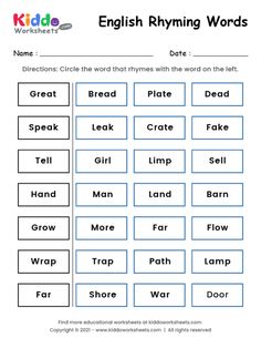 the worksheet for english rhyming words with pictures on it and an image of