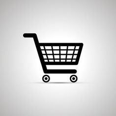 a black shopping cart icon on a gray background with shadow and light reflection in the center