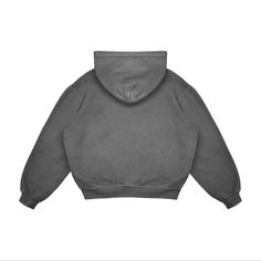 a gray sweatshirt with the hood up