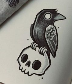 a black bird sitting on top of a skull