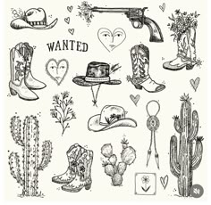 a drawing of different types of cowboy hats and boots on a white background with the words wanted above them