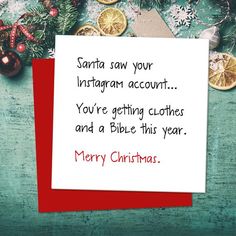 a christmas card saying santa saw your sharecott account you're getting clothes and a bible this year