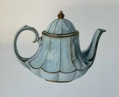 a painting of a blue teapot on a white background