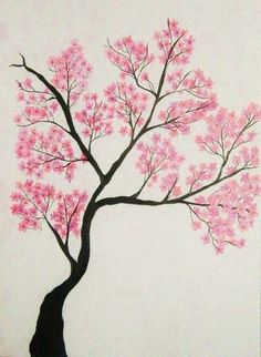 a painting of a tree with pink flowers painted on the wall in front of it