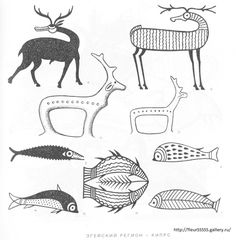 an image of some animals and fish in black and white ink on the page,