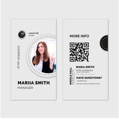 a white business card with a qr code on the front and an image of a woman