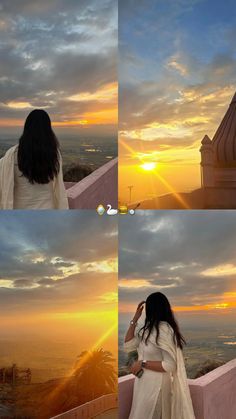 a woman standing on top of a building next to the ocean at sunset with her hair blowing in the wind