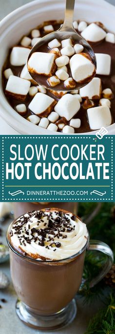 hot chocolate and marshmallows in a bowl with the words slow cooker hot chocolate