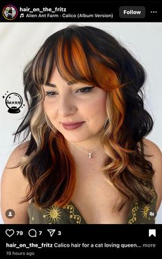 Fun Hair Color Ideas For Dark Hair, Black And Natural Red Hair, Dark Brown Hair With Colorful Highlights, Calico Shag Hair, Reverse Balayage Red, Color Block Hairstyle, Alt Fall Hair, Hair Color Ideas For Round Faces