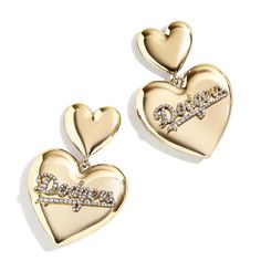 Add some Los Angeles Dodgers glamour to your outfits with these Heart Statement drop earrings. BaubleBar and WEAR by Erin Andrews collaborated to create this double-heart design in glossy, gold-plated brass and the team name in shimmering glass stones. The post back helps give these Los Angeles Dodgers earrings a secure fit. Erin Andrews, Statement Drop Earrings, Team Name, Double Heart, New York Jets, Philadelphia Phillies, Cincinnati Bengals, San Francisco Giants, Gold Drop Earrings