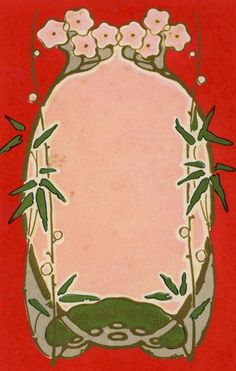 an image of a mirror with flowers and plants on the frame, in red background