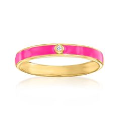 Ross-Simons - Diamond-Accented Pink Enamel Ring Round Cut in 18kt Gold Over Sterling. Size 6. Curate a ring stack that speaks directly to your personality with a flashy splash of color! This modern ring features a band of hot pink enamel studded with a sparkly diamond accent bezel-set in 18kt yellow gold over sterling silver. 1/8" wide. Diamond-accented pink enamel ring. Diamond birthstones are the perfect gift for April birthdays. Diamond Birthstone, Ring Stack, Natural Gold, Modern Ring, Pink Enamel, Enamel Ring, Jewelry Rings Diamond, Buying Diamonds, Ring Diamond