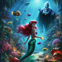 the little mermaid is standing next to an evil man