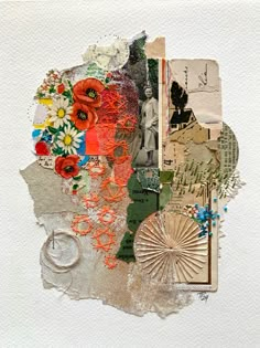 an altered collage with flowers, pictures and other things on it's surface