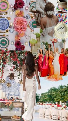 a collage of photos with women in white dresses and flowers on the wall behind them