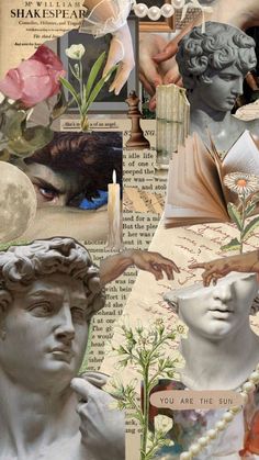 the collage is made up of many different images and words, including an image of a woman's face