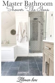 DIY Elegant Farmhouse Master Bathroom Shower Tile & Floor Ideas - Lehman Lane Noir Veined Tile Bathroom, Master Bath Tile Floor Ideas, Master Bath Tile Combinations, Master Bath Tile, Veined Marble, Bathroom Details, Elegant Farmhouse, Luxury Master Bathrooms, Bathroom Master