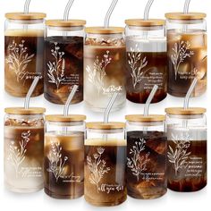 six glass jars filled with iced teas and drinks