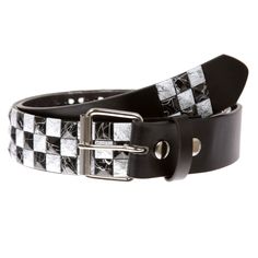 PRICES MAY VARY. Snap on, interchangeable roller buckle White & Black checkerboard studs have rounded prongs on the backs to prevent snagging on pants like all studded belt owners know about. Material: synthetic leather with quality PU leather Width: 1 1/2" (38 mm) Sizing: This belt is measured from inside edge of buckle to the center hole, the 3rd hole from the tip end. order 2 inches larger than pants size for best fit. e.g. S 30"-32" fits pants size 28"-30"; M 33"~35" fits pants size 31"-33"; Black Person, Branded Belts, Studded Belt, White Belt, High Waist Fashion, Star Studs, Leather Shops, Synthetic Leather, Punk Rock