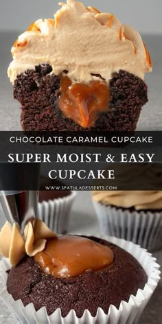 chocolate caramel cupcakes with peanut butter frosting on top and the words, super moist & easy cupcake