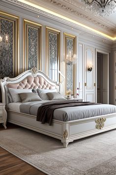 a large white bed sitting in a bedroom next to a chandelier and window