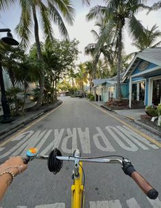 someone riding their bike down the street in front of some houses and palm tree's