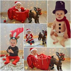 a collage of photos with babys dressed up as santa claus and rudolph the reindeer