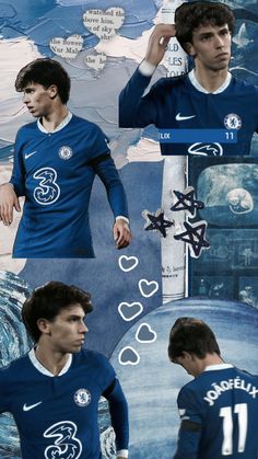 a collage of photos with soccer players in blue uniforms and numbers on their shirts