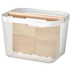 a white plastic basket with wooden handles