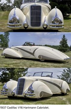 an old car is shown in three different views, including the front and side view