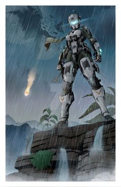 a robot standing on top of a rock in the rain with a rocket behind him